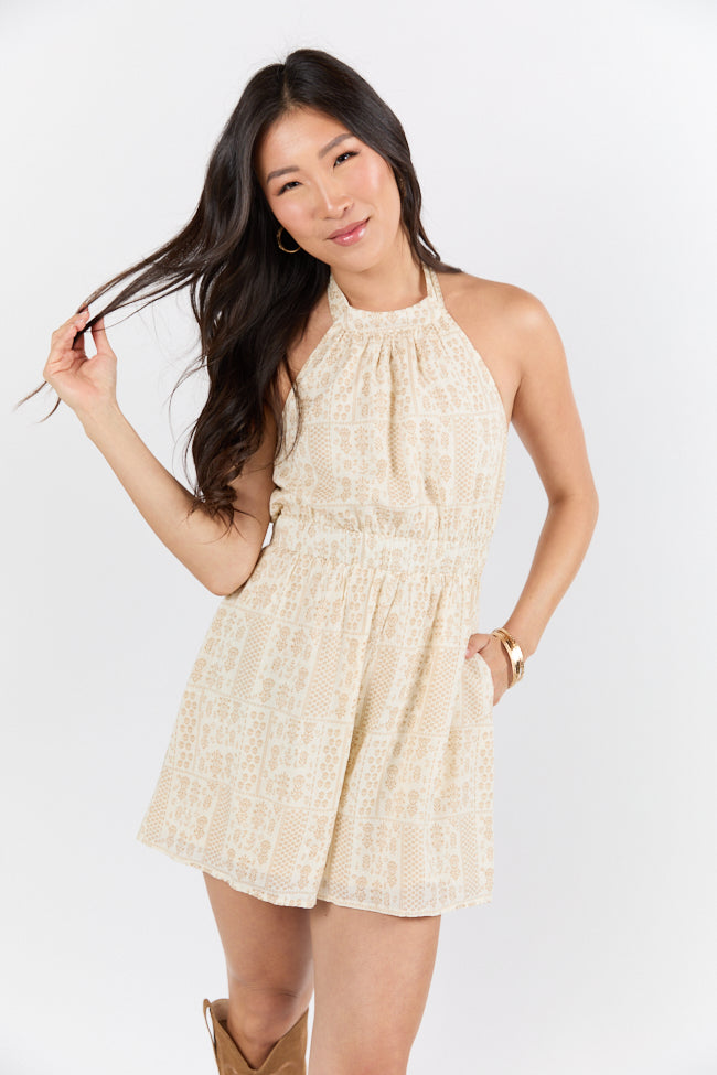 On The Horizon Taupe Halter Neck Printed Romper SALE
