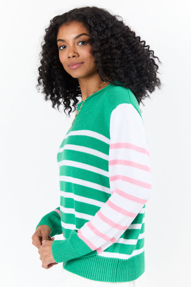 Coastal Prep Green and Pink Color Block Crew Neck Sweater