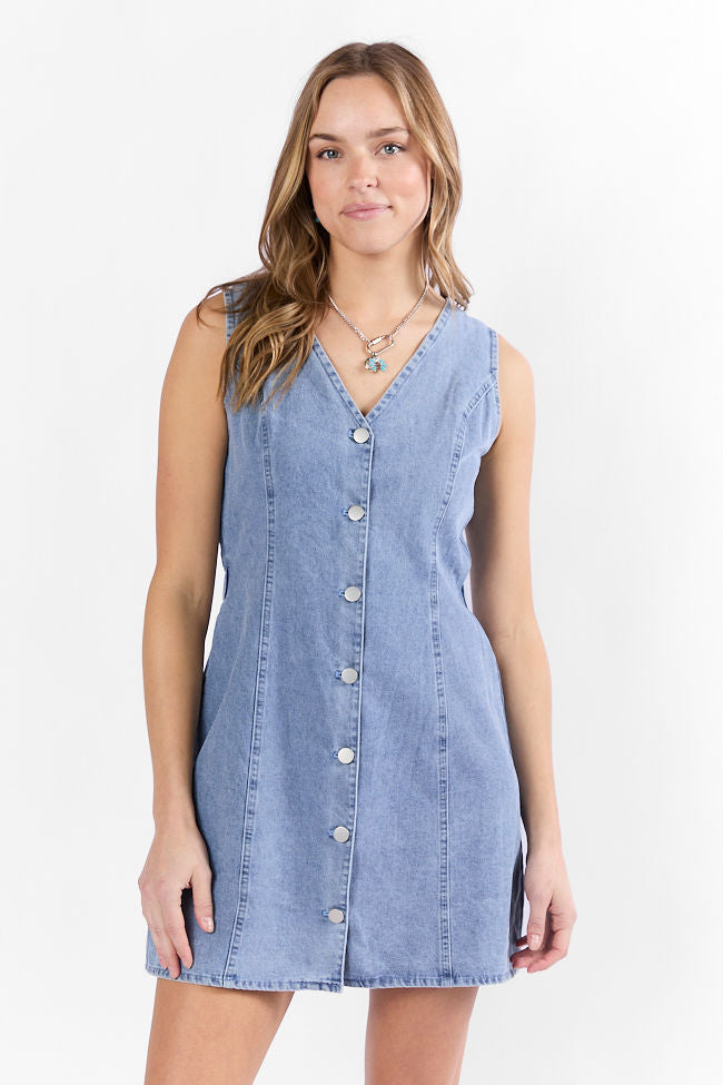 Strike A Chord Light Wash Denim Button Front Dress SALE
