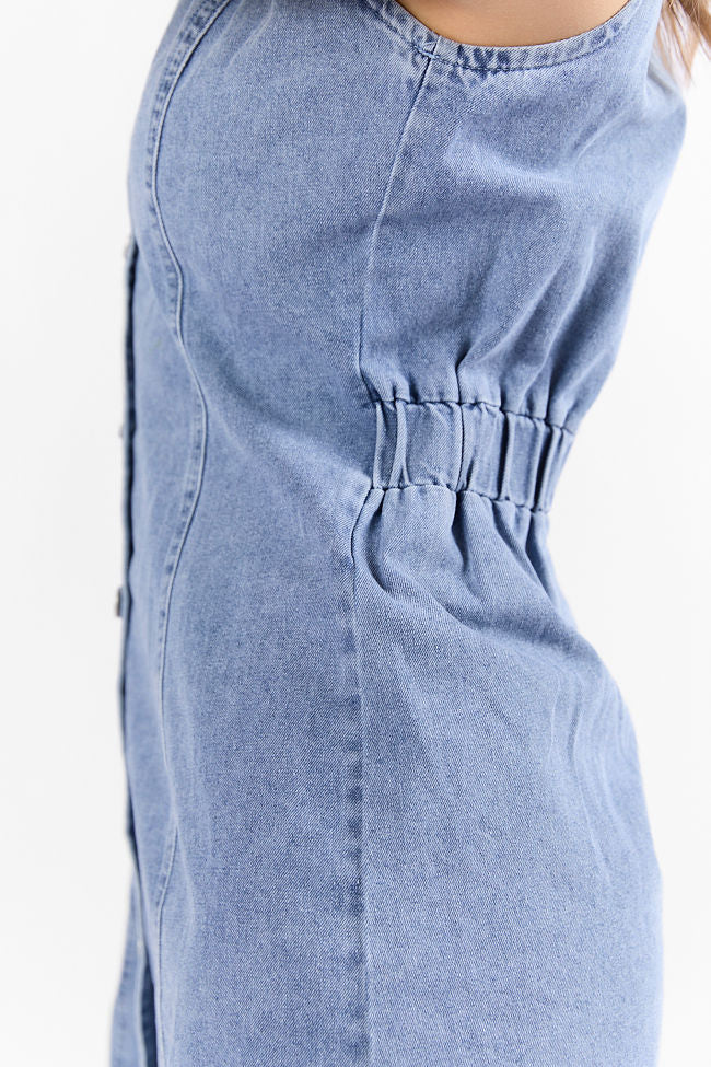 Strike A Chord Light Wash Denim Button Front Dress SALE