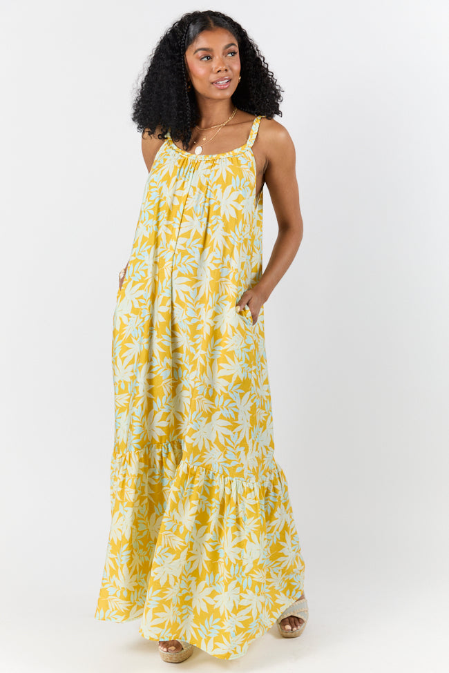 Painting The Sky Yellow Leaf Print Maxi Dress SALE