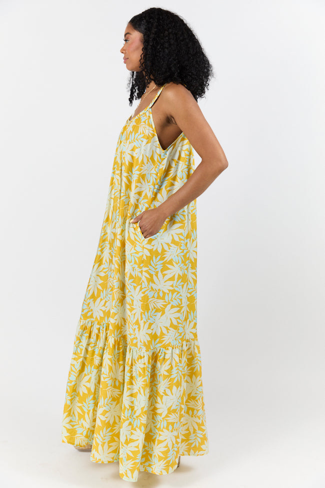 Painting The Sky Yellow Leaf Print Maxi Dress SALE