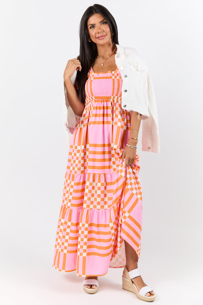 Get The Check Pink and Orange Printed Checkered Maxi Dress