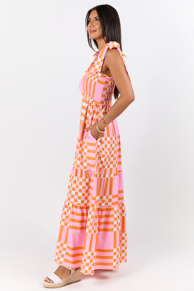 Get The Check Pink and Orange Printed Checkered Maxi Dress