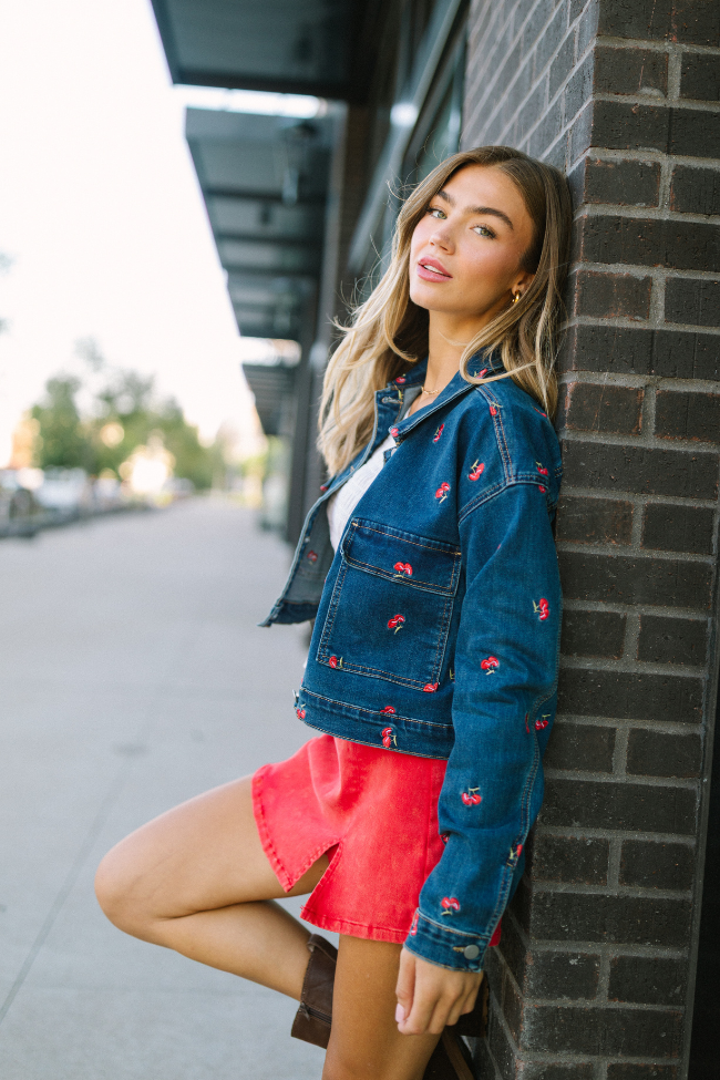 My Favorite Cherry Embroidered Stretch Denim Jacket