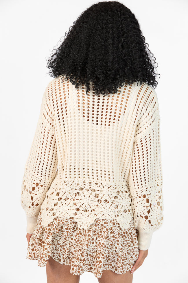 A Little Dramatic Crew Flower Trim Crochet Sweater