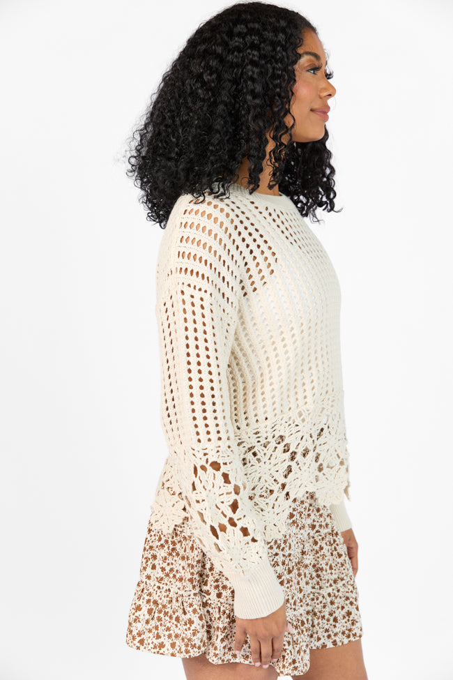 A Little Dramatic Crew Flower Trim Crochet Sweater