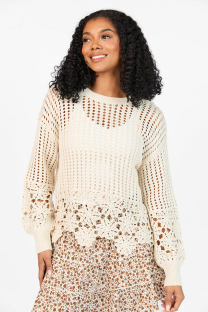 A Little Dramatic Crew Flower Trim Crochet Sweater