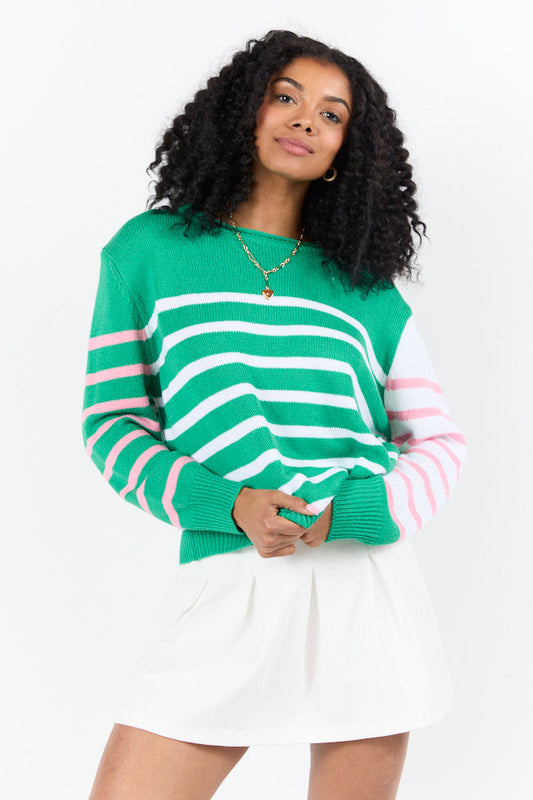 Coastal Prep Green and Pink Color Block Crew Neck Sweater