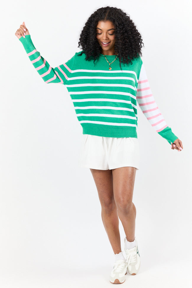 Coastal Prep Green and Pink Color Block Crew Neck Sweater
