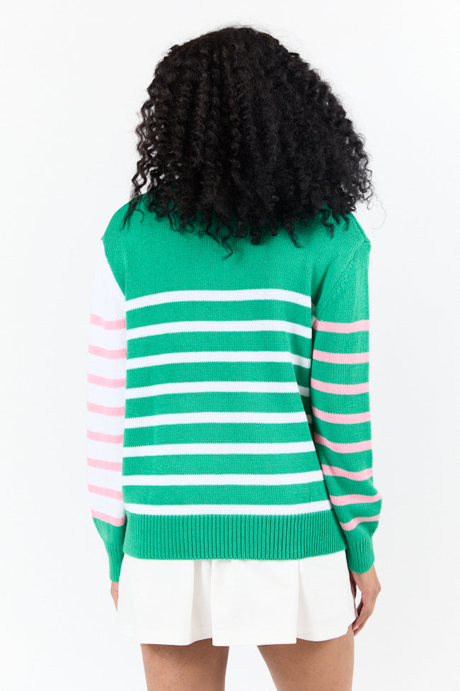 Coastal Prep Green and Pink Color Block Crew Neck Sweater