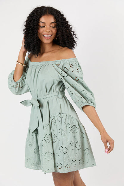 Set The Sage Eyelet Off The Shoulder Dress SALE