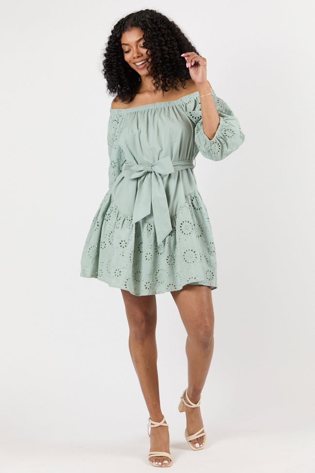 Set The Sage Eyelet Off The Shoulder Dress SALE