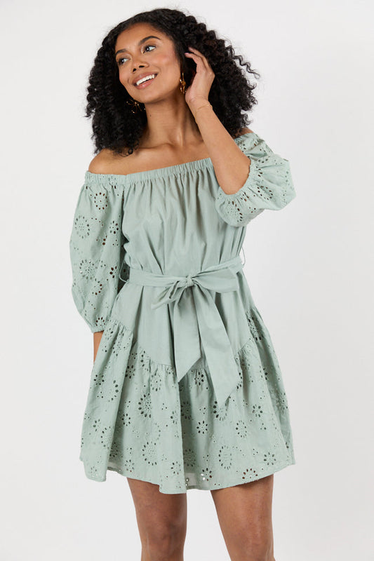 Set The Sage Eyelet Off The Shoulder Dress SALE