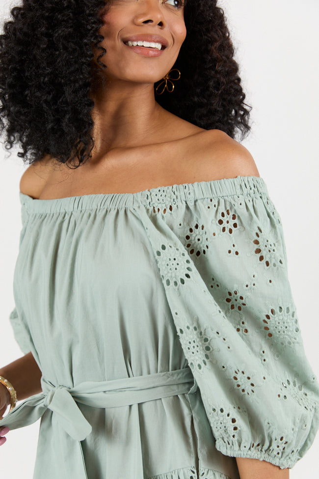 Set The Sage Eyelet Off The Shoulder Dress SALE