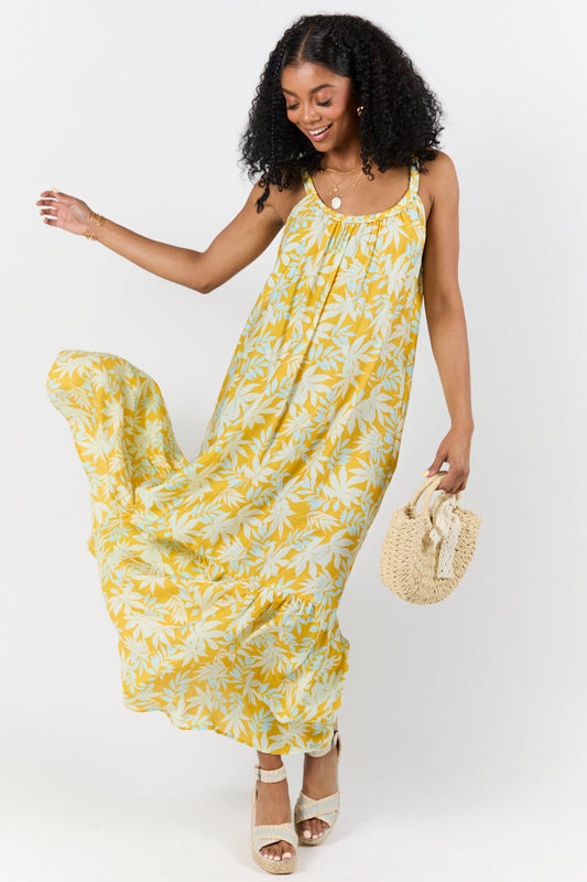Painting The Sky Yellow Leaf Print Maxi Dress SALE