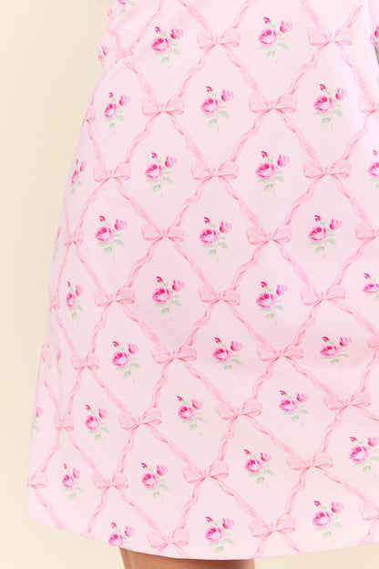 Active Vibe Pink Roses and Bows V-Neck Active Dress With Pull Down Shorts