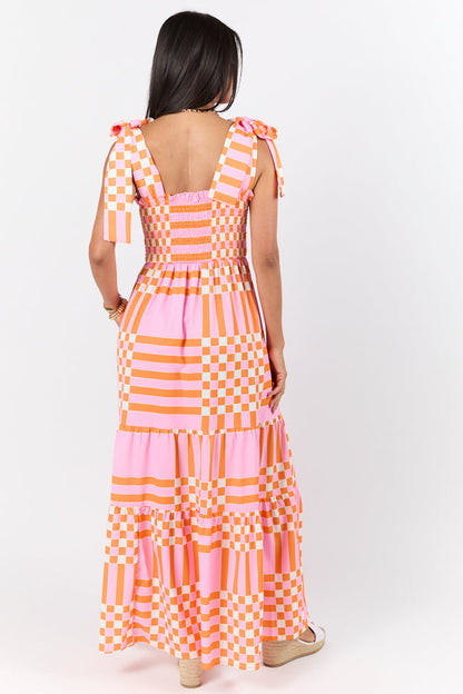 Get The Check Pink and Orange Printed Checkered Maxi Dress