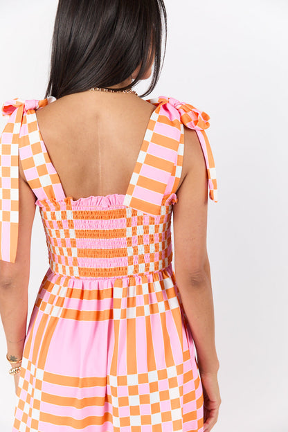 Get The Check Pink and Orange Printed Checkered Maxi Dress