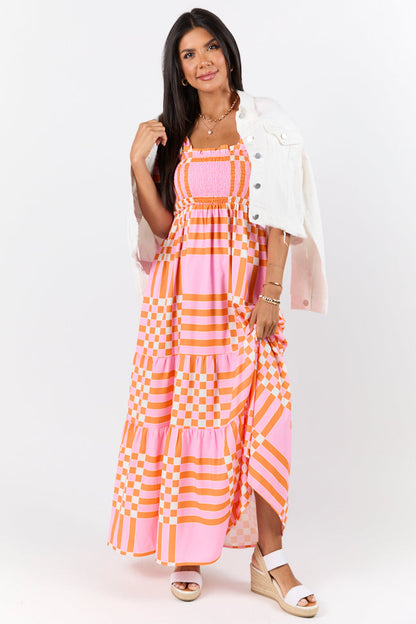 Get The Check Pink and Orange Printed Checkered Maxi Dress