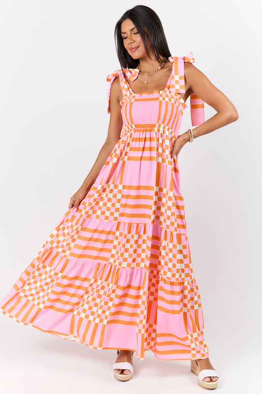 Get The Check Pink and Orange Printed Checkered Maxi Dress