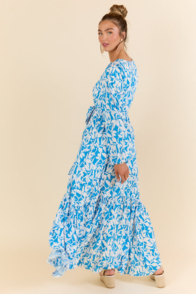 Palmetto Paradise Blue and White Long Sleeve Maxi Dress SALE