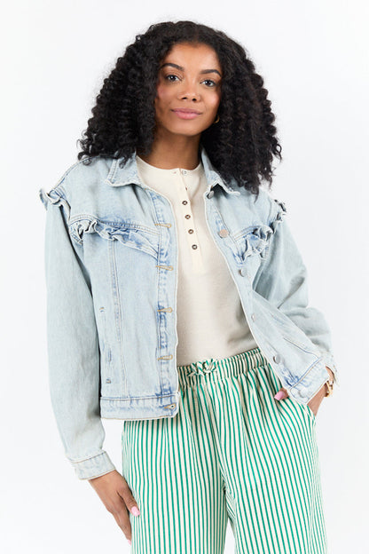 Told You So Light Wash Ruffle Trim Denim Jacket SALE
