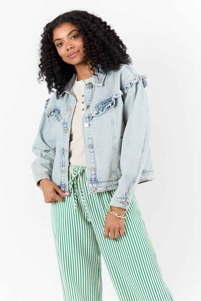 Told You So Light Wash Ruffle Trim Denim Jacket SALE