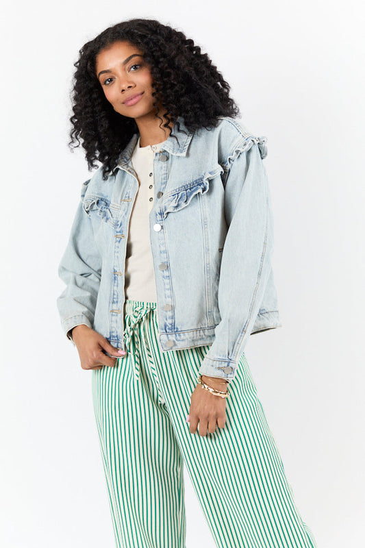 Told You So Light Wash Ruffle Trim Denim Jacket SALE