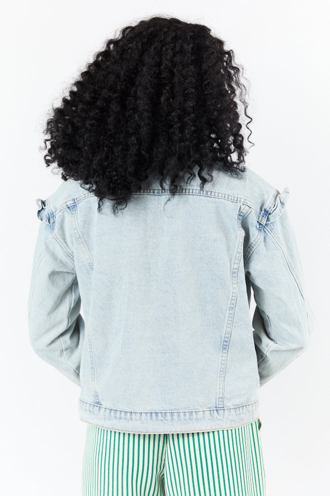 Told You So Light Wash Ruffle Trim Denim Jacket SALE