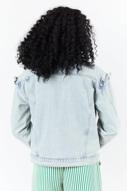 Told You So Light Wash Ruffle Trim Denim Jacket SALE