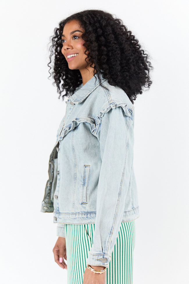 Told You So Light Wash Ruffle Trim Denim Jacket SALE