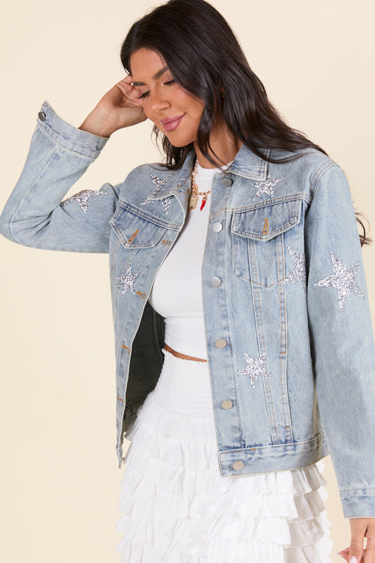 Brightest Night Light Wash Embellished Star Denim Jacket SALE
