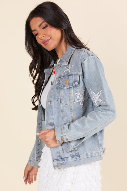 Brightest Night Light Wash Embellished Star Denim Jacket SALE