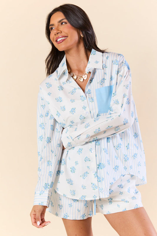 Blooming Lines Stripes & Floral Mixed Cotton Poplin Shirt