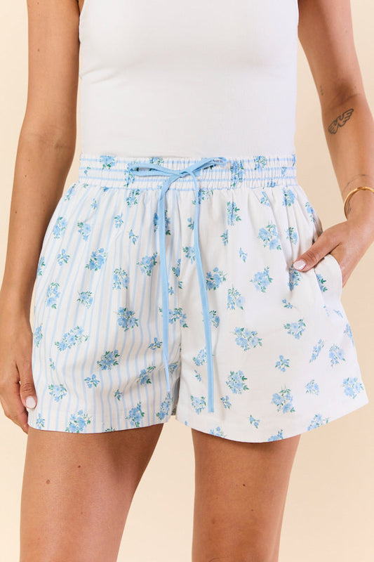 Blooming Lines Stripes & Floral Mixed Cotton Poplin Shorts