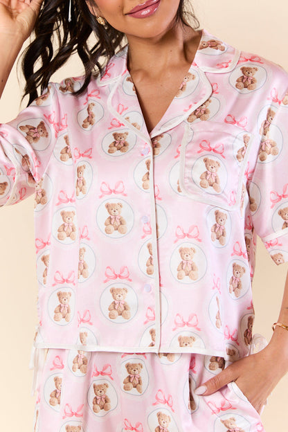 Snuggled Up Teddy Bear Printed Contrast Tie Detail Satin Short Sleeve Pajama Top