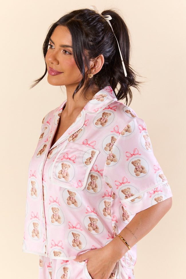 Snuggled Up Teddy Bear Printed Contrast Tie Detail Satin Short Sleeve Pajama Top