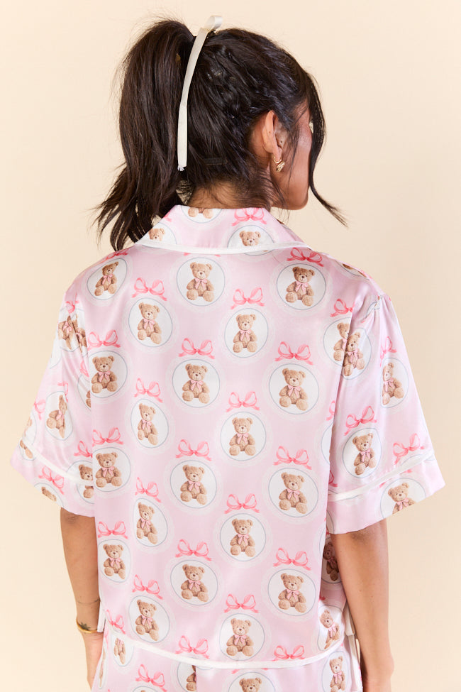 Snuggled Up Teddy Bear Printed Contrast Tie Detail Satin Short Sleeve Pajama Top