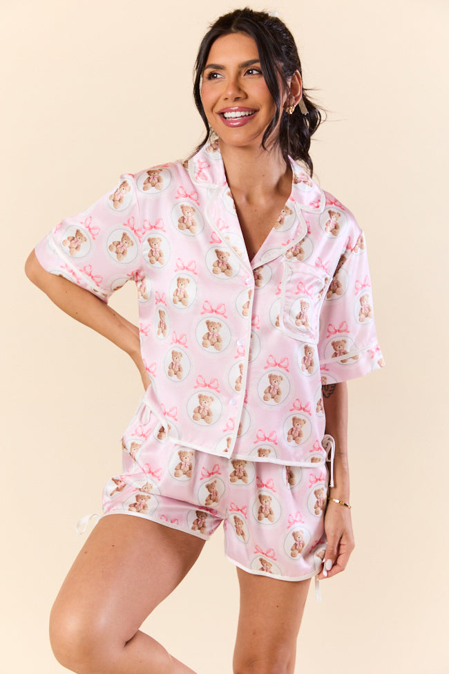 Snuggled Up Teddy Bear Printed Contrast Tie Detail Satin Short Sleeve Pajama Top