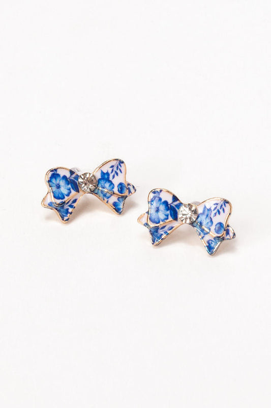 Blue Floral Printed Bow Earrings