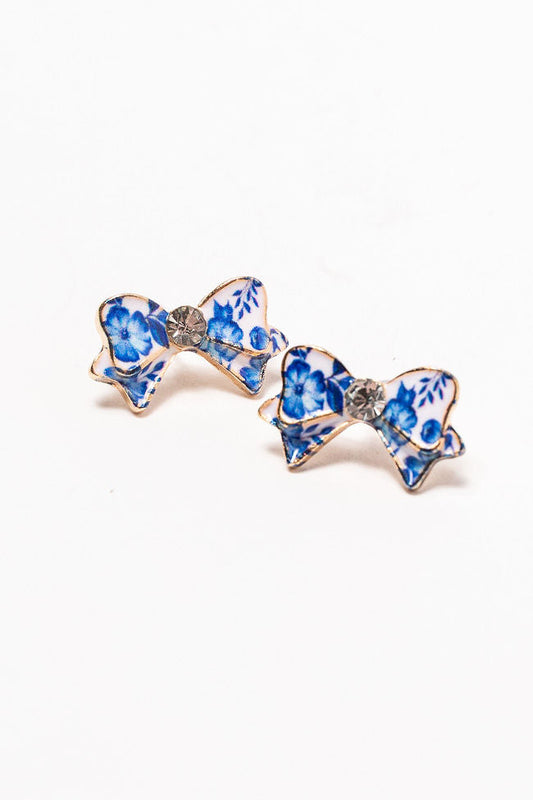 Blue Floral Printed Bow Earrings