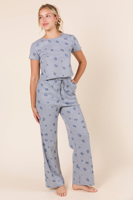 Lainey Waffle Knit Blue Floral Pajama Pants