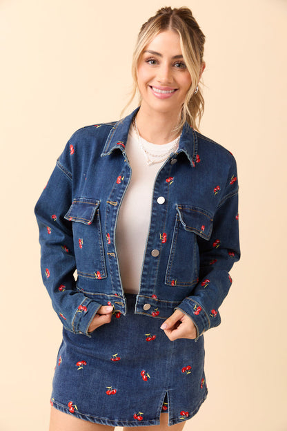 My Favorite Cherry Embroidered Stretch Denim Jacket