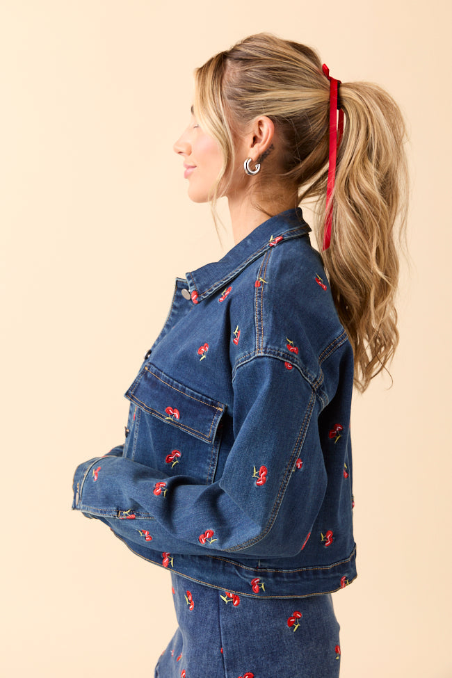 My Favorite Cherry Embroidered Stretch Denim Jacket