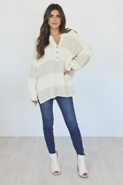 Know You Best Beige Oversized Striped Henley Sweater