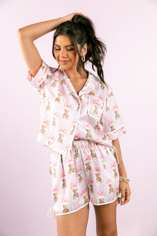 Snuggled Up Teddy Bear Printed Contrast Tie Detail Satin Pajama Shorts