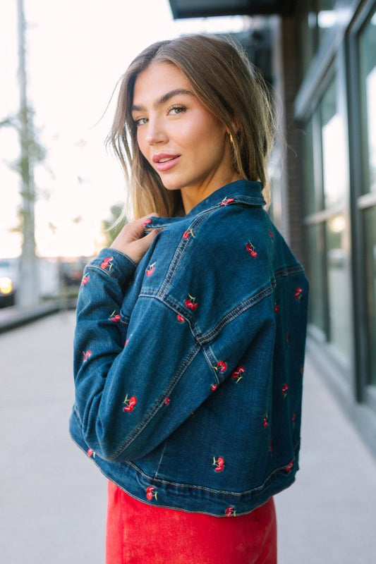 My Favorite Cherry Embroidered Stretch Denim Jacket